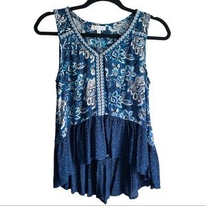 Boho Floral Blue Baby Doll Sleeveless Top